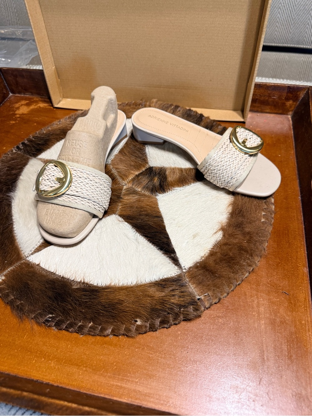 Adrienne Vittadini Beige Braided Slide Sandals with Gold Buckle